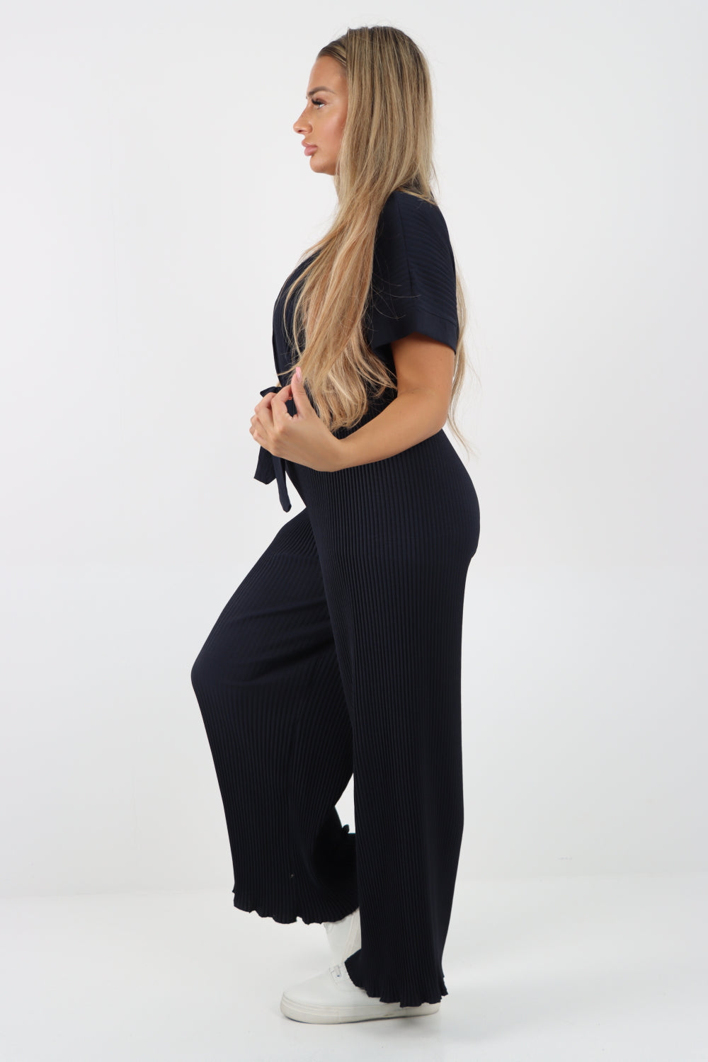 Italian Waist Tie Collared Neck Short Sleeve Pleated Jumpsuit