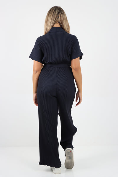 Italian Waist Tie Collared Neck Short Sleeve Pleated Jumpsuit