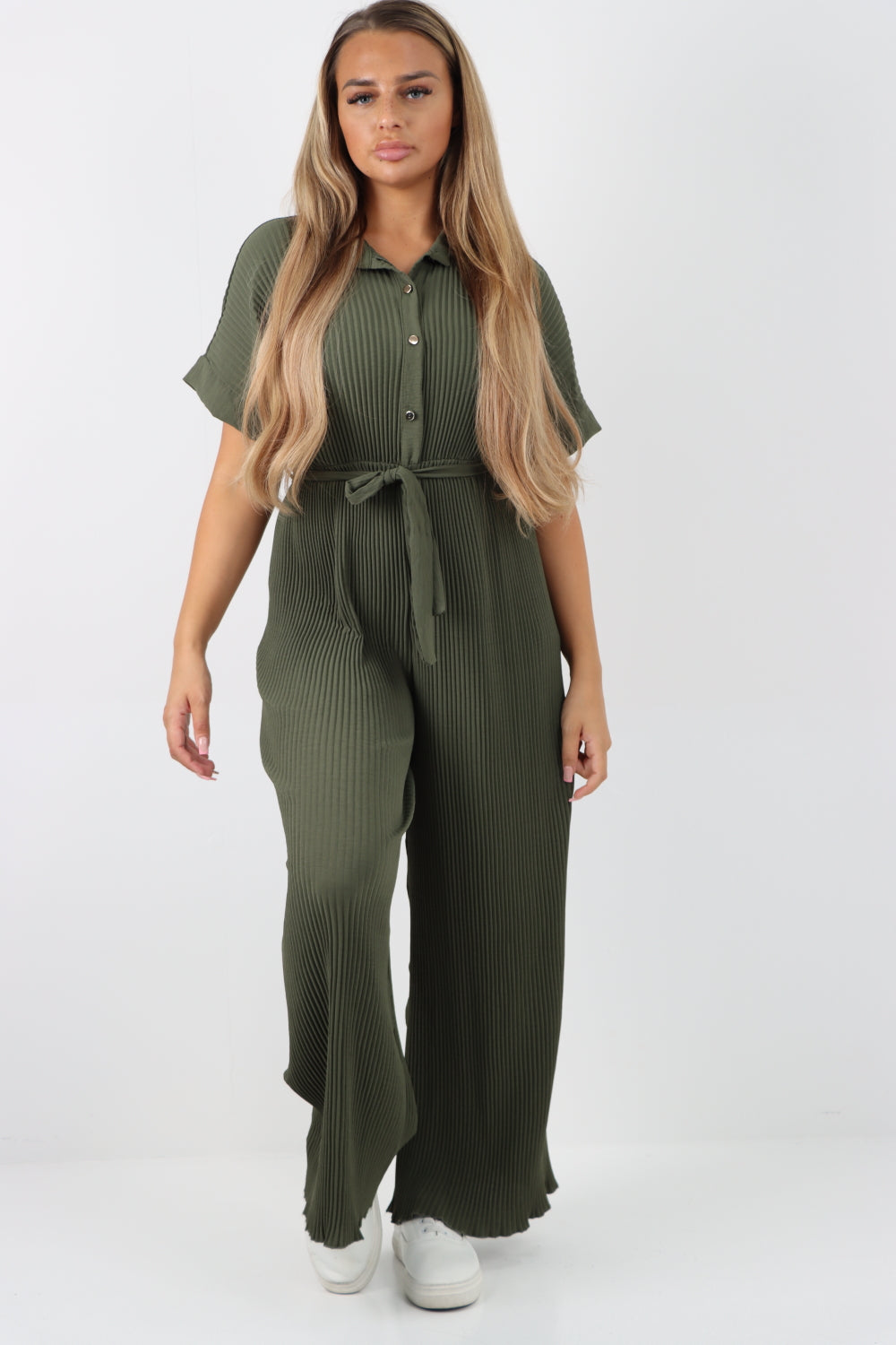 Italian Waist Tie Collared Neck Short Sleeve Pleated Jumpsuit