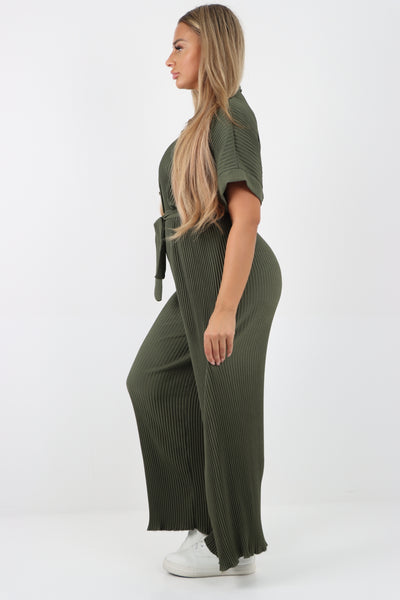 Italian Waist Tie Collared Neck Short Sleeve Pleated Jumpsuit