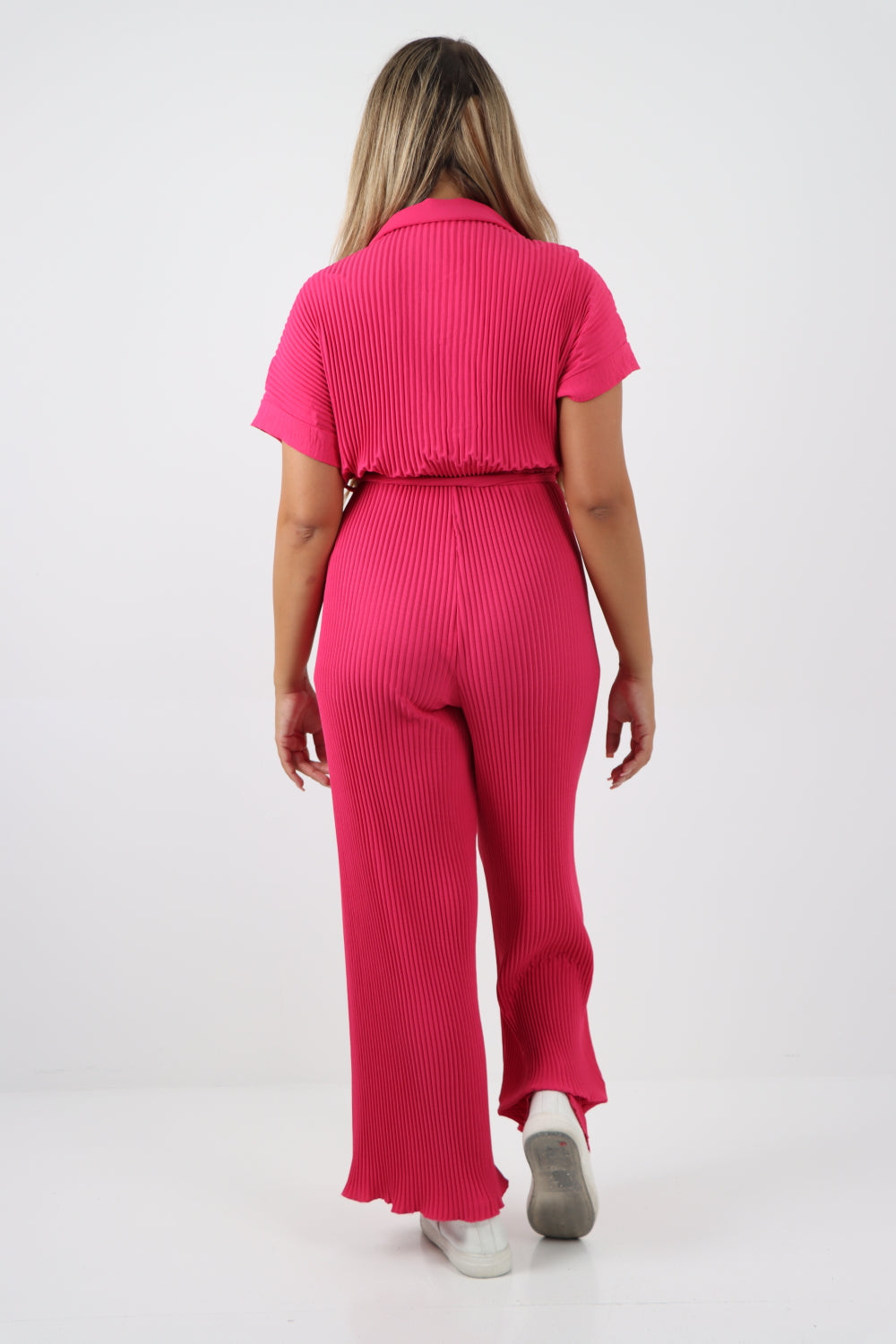 Italian Waist Tie Collared Neck Short Sleeve Pleated Jumpsuit