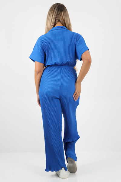 Italian Waist Tie Collared Neck Short Sleeve Pleated Jumpsuit