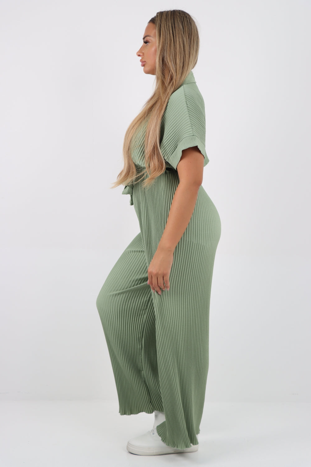 Italian Waist Tie Collared Neck Short Sleeve Pleated Jumpsuit