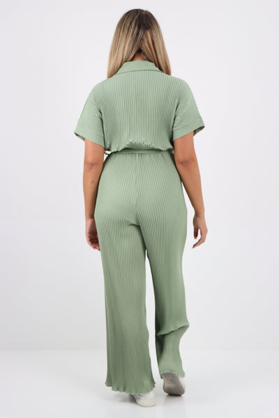 Italian Waist Tie Collared Neck Short Sleeve Pleated Jumpsuit