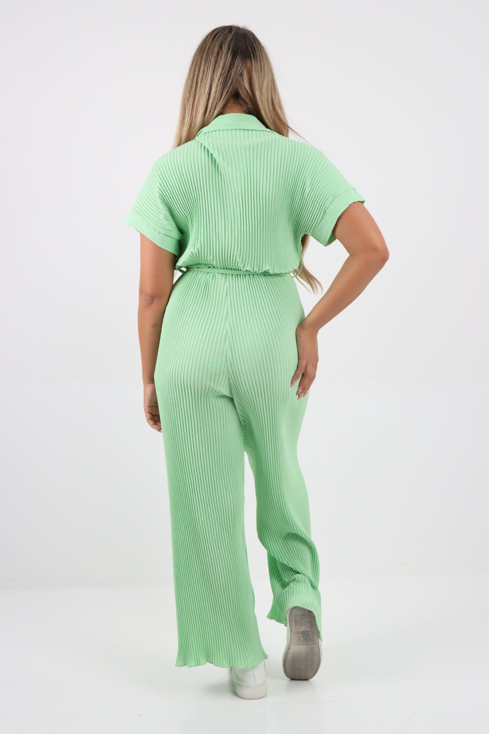 Italian Waist Tie Collared Neck Short Sleeve Pleated Jumpsuit