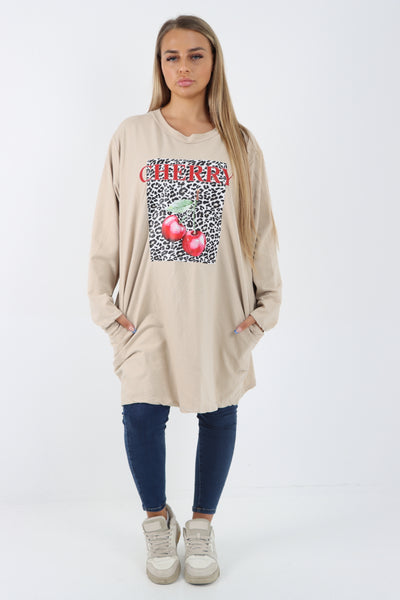 Italian Cherry Print Long Sleeve Front Pocket Tunic Top