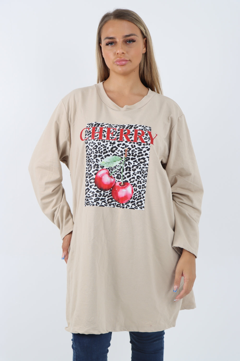 Italian Cherry Print Long Sleeve Front Pocket Tunic Top