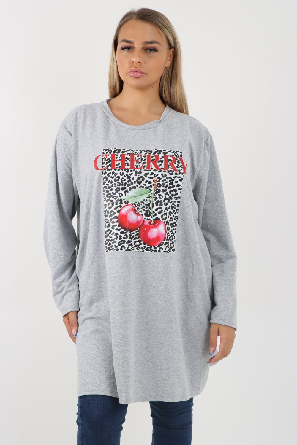 Italian Cherry Print Long Sleeve Front Pocket Tunic Top