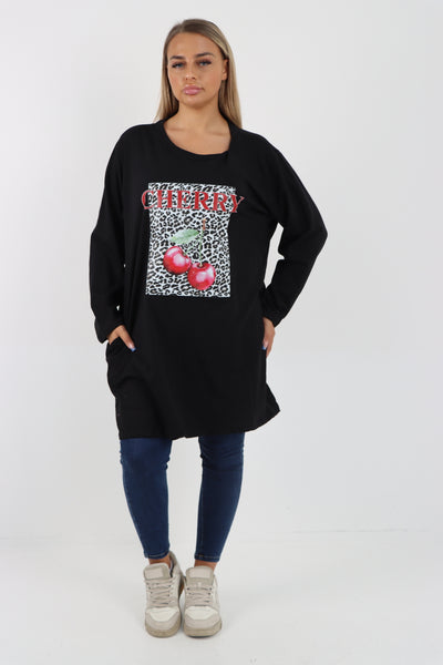 Italian Cherry Print Long Sleeve Front Pocket Tunic Top