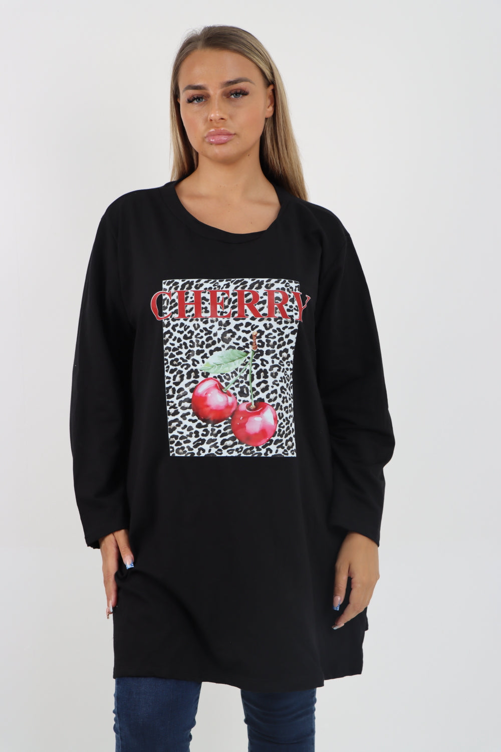 Italian Cherry Print Long Sleeve Front Pocket Tunic Top