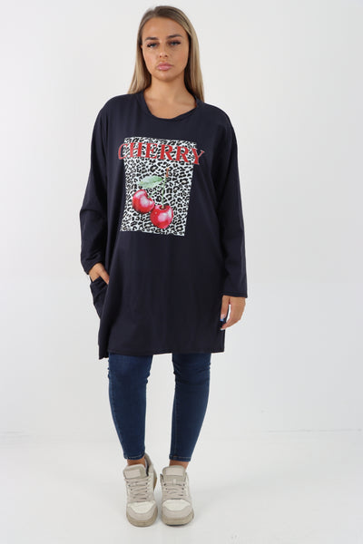 Italian Cherry Print Long Sleeve Front Pocket Tunic Top