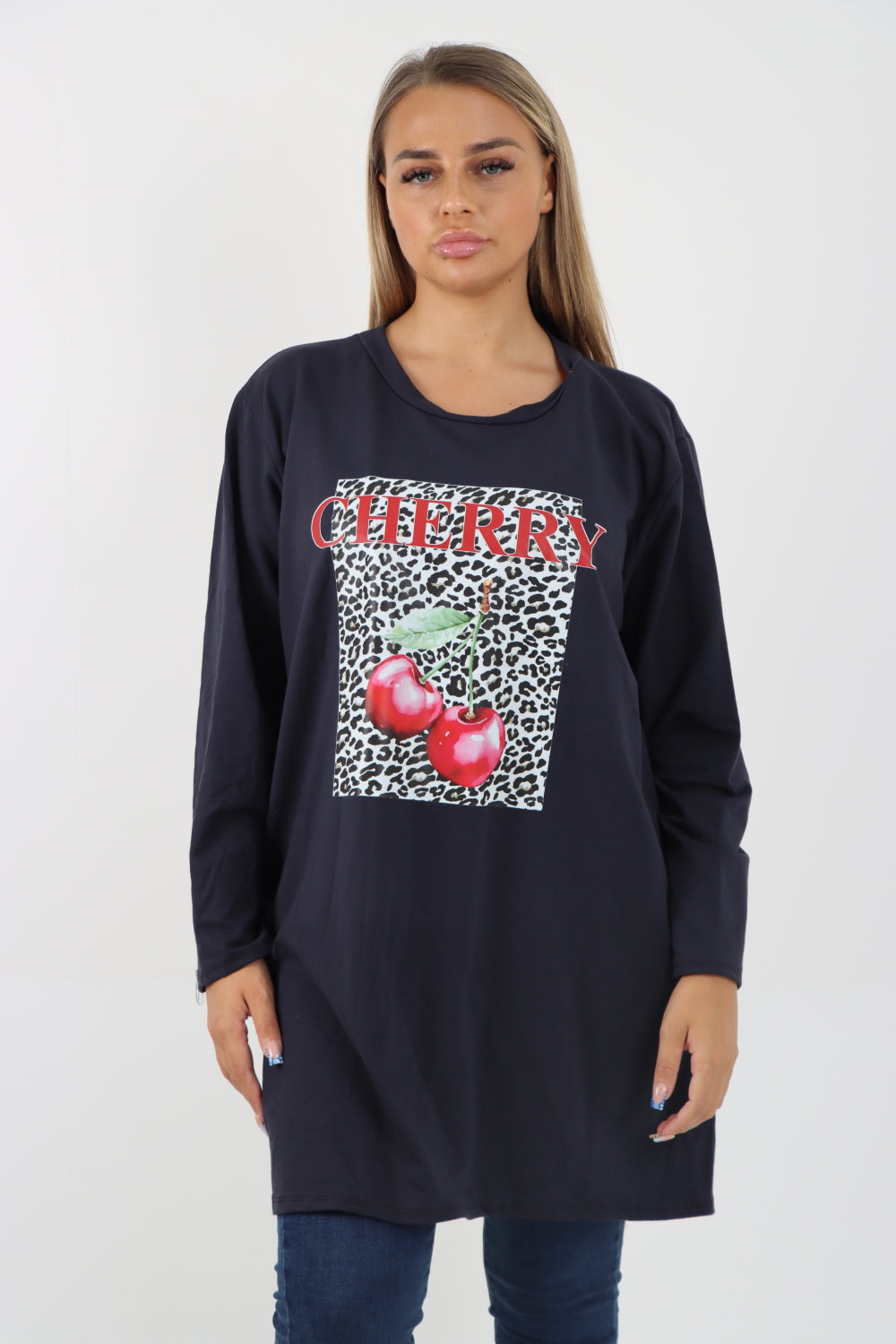 Italian Cherry Print Long Sleeve Front Pocket Tunic Top