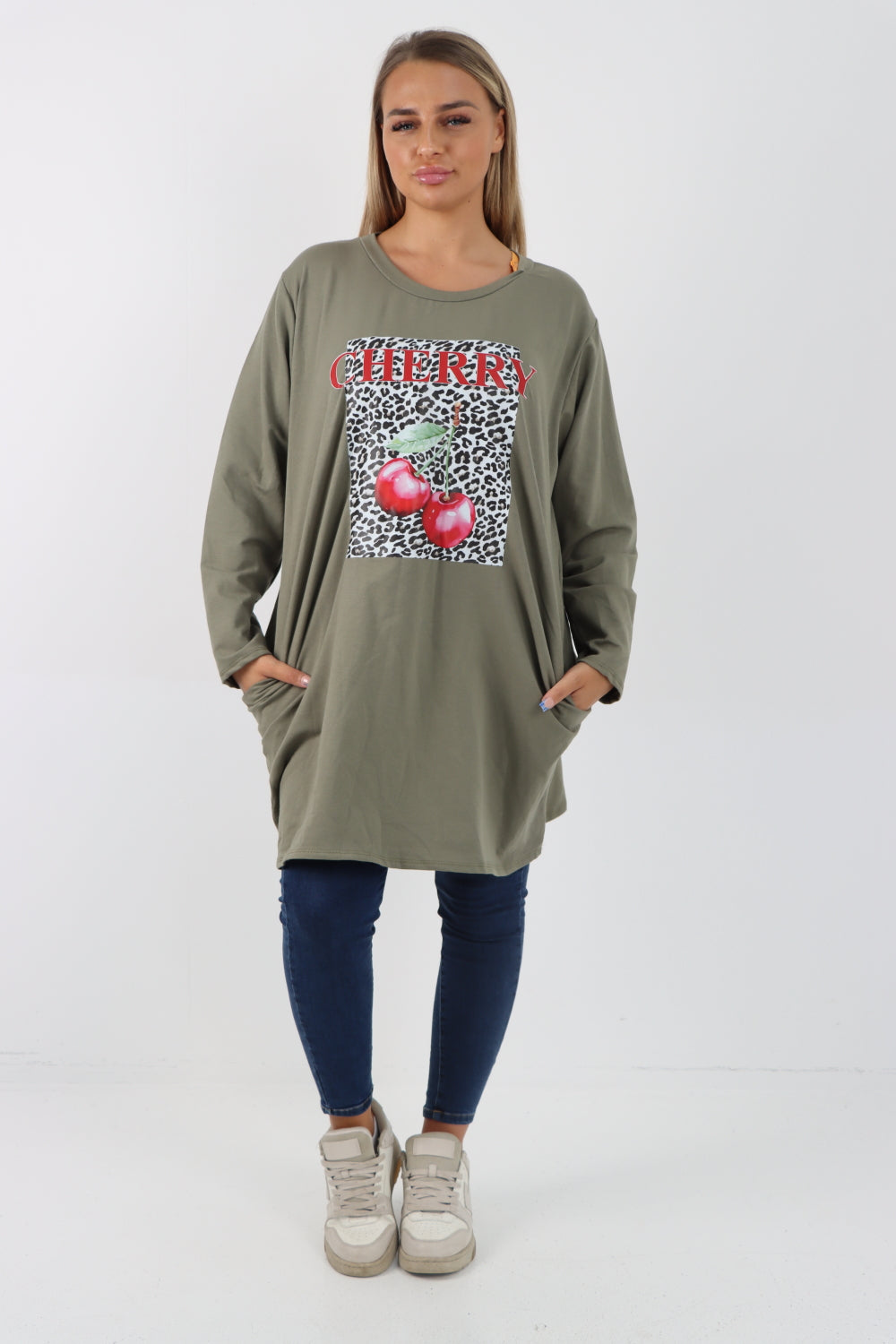 Italian Cherry Print Long Sleeve Front Pocket Tunic Top