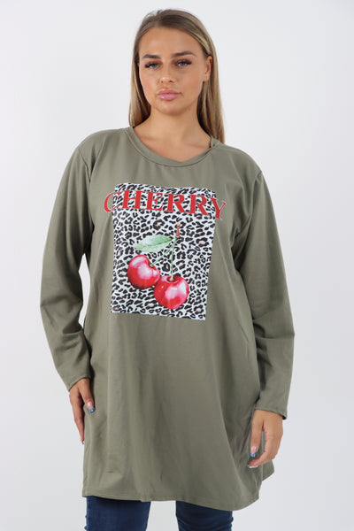 Italian Cherry Print Long Sleeve Front Pocket Tunic Top