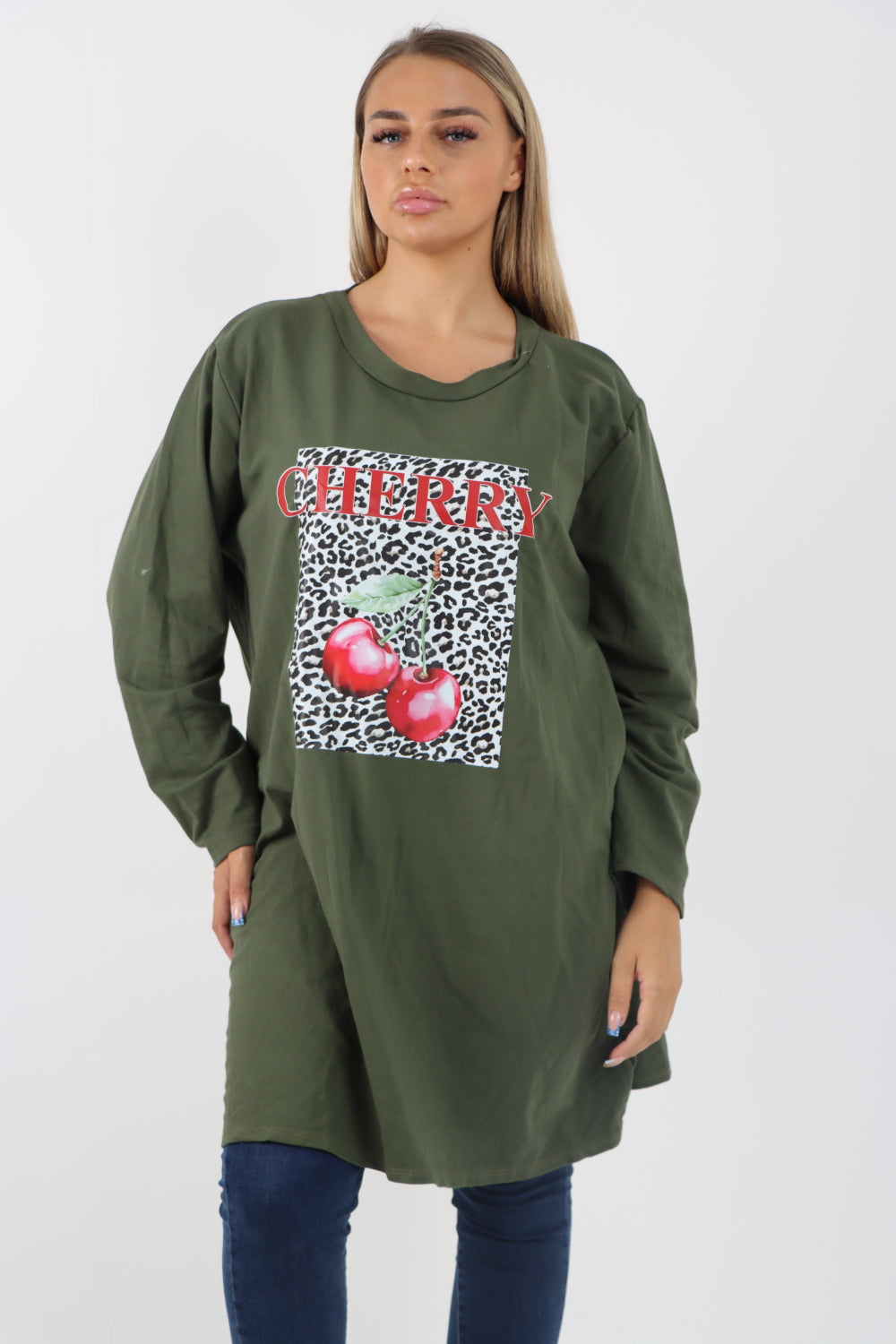 Italian Cherry Print Long Sleeve Front Pocket Tunic Top