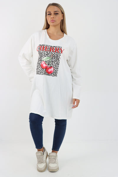 Italian Cherry Print Long Sleeve Front Pocket Tunic Top