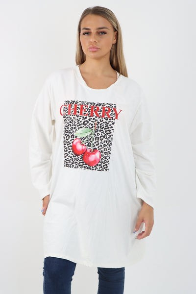 Italian Cherry Print Long Sleeve Front Pocket Tunic Top