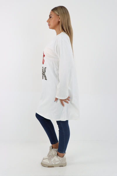 Italian Rock Print Lip Long Sleeve Tunic Top