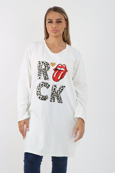 Italian Rock Print Lip Long Sleeve Tunic Top