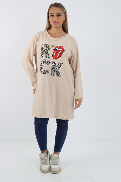 Italian Rock Print Lip Long Sleeve Tunic Top