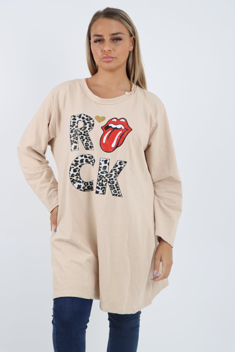 Italian Rock Print Lip Long Sleeve Tunic Top