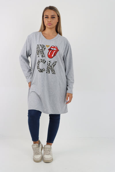 Italian Rock Print Lip Long Sleeve Tunic Top