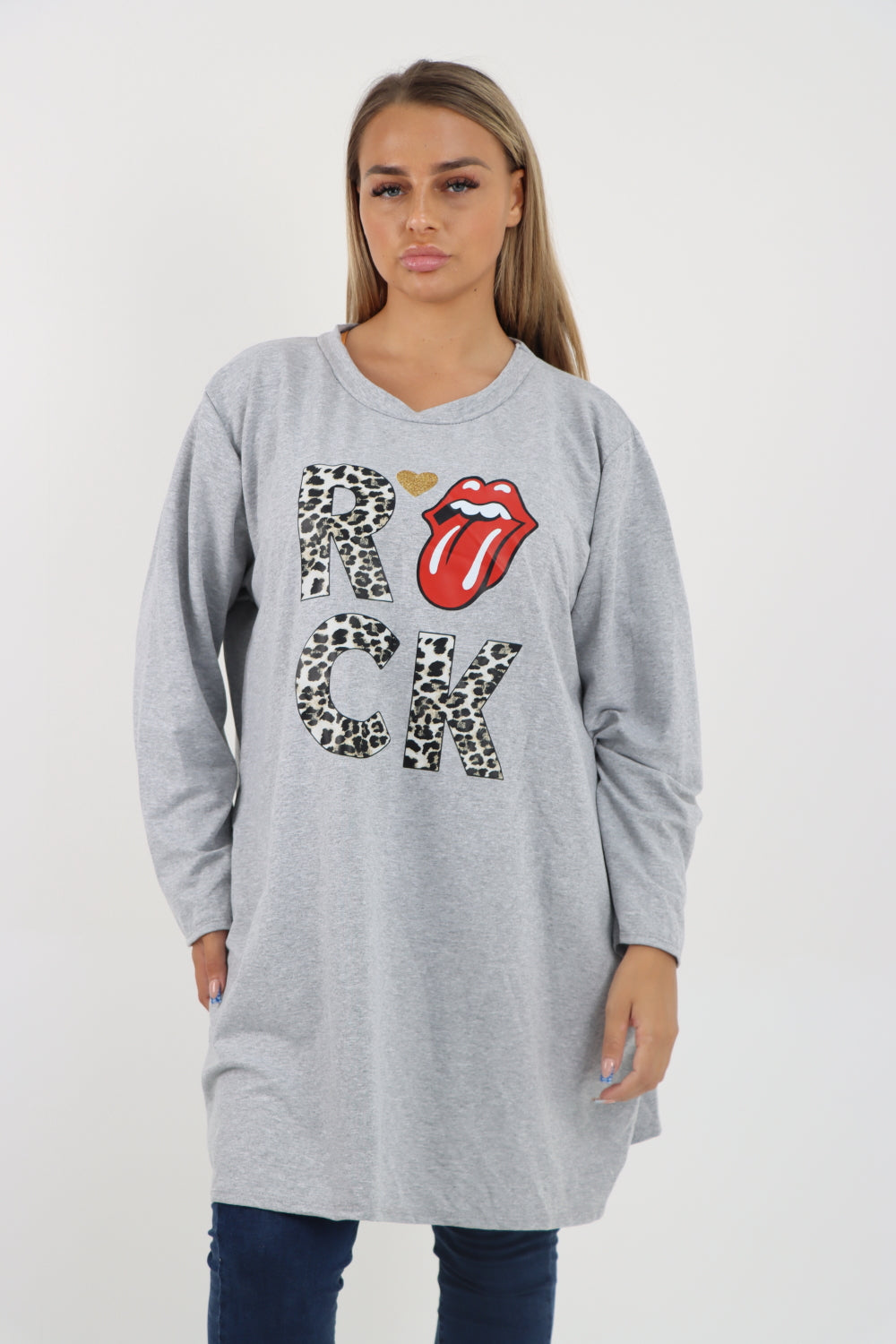 Italian Rock Print Lip Long Sleeve Tunic Top