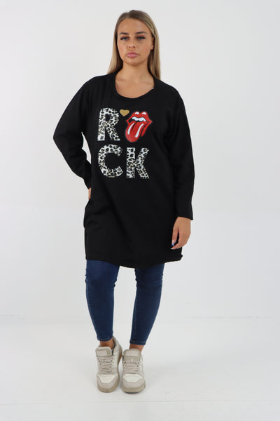 Italian Rock Print Lip Long Sleeve Tunic Top