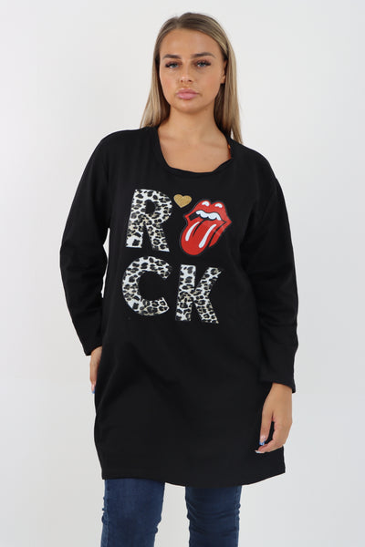 Italian Rock Print Lip Long Sleeve Tunic Top