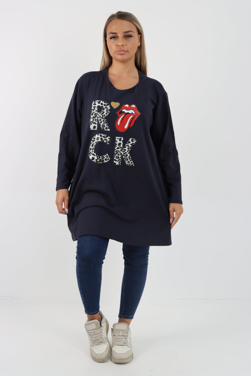 Italian Rock Print Lip Long Sleeve Tunic Top