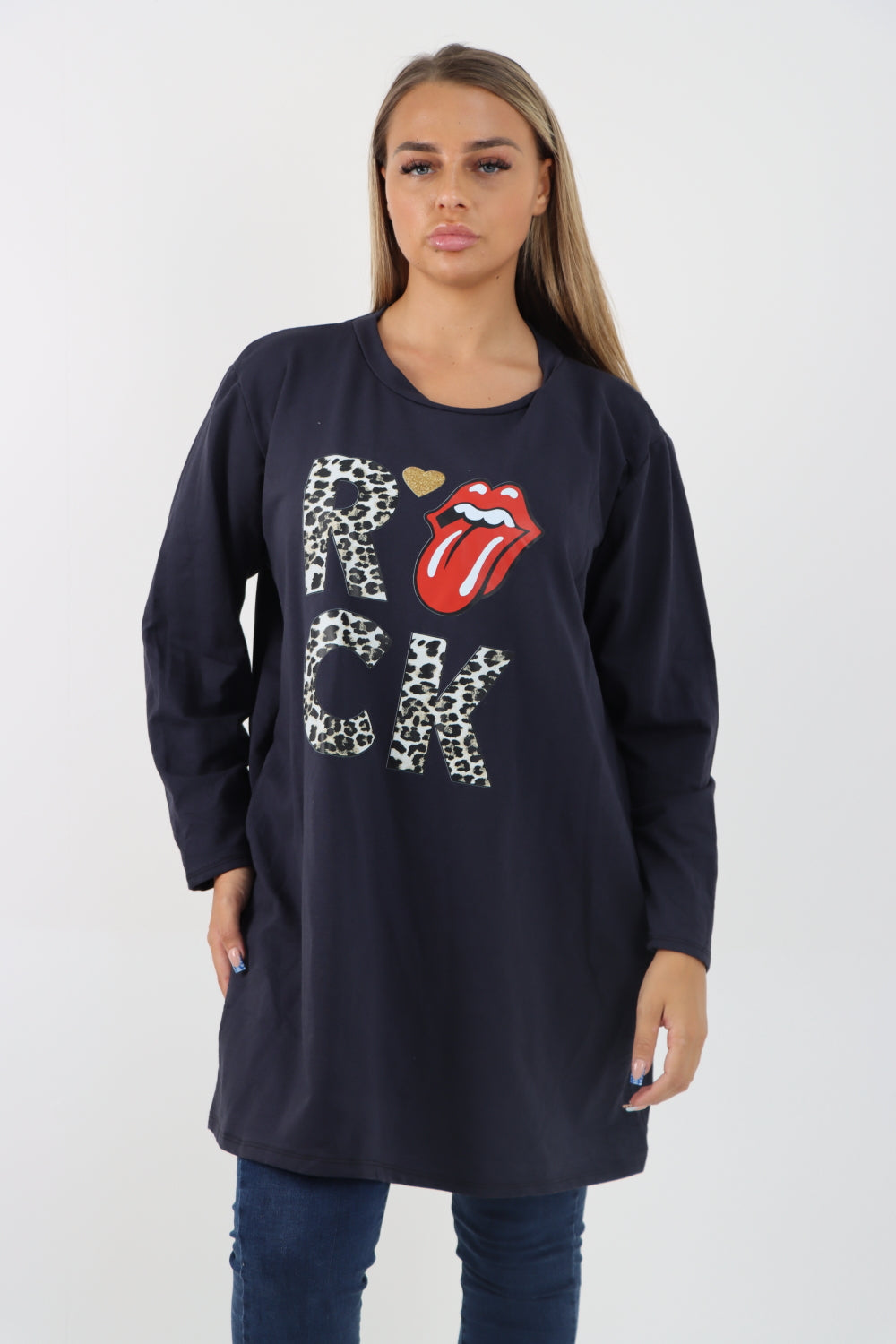 Italian Rock Print Lip Long Sleeve Tunic Top