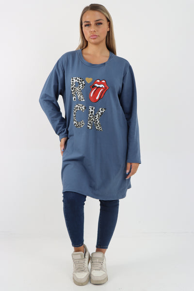 Italian Rock Print Lip Long Sleeve Tunic Top