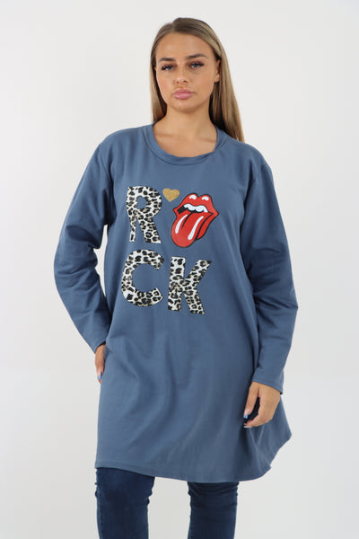 Italian Rock Print Lip Long Sleeve Tunic Top