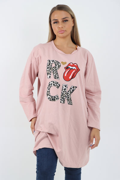 Italian Rock Print Lip Long Sleeve Tunic Top