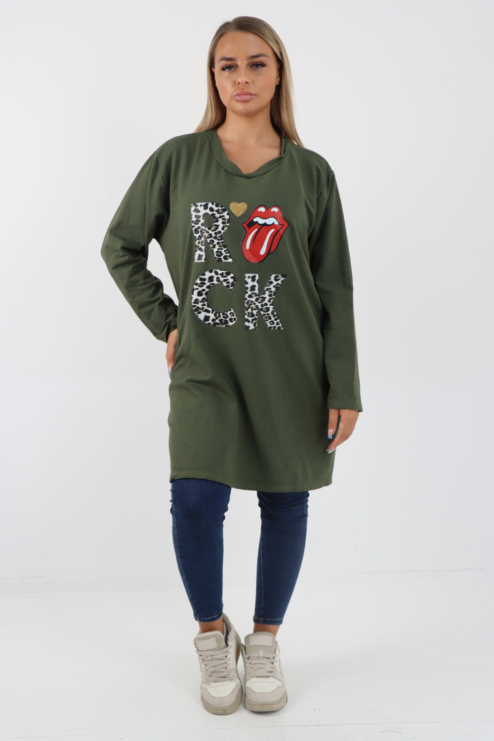 Italian Rock Print Lip Long Sleeve Tunic Top