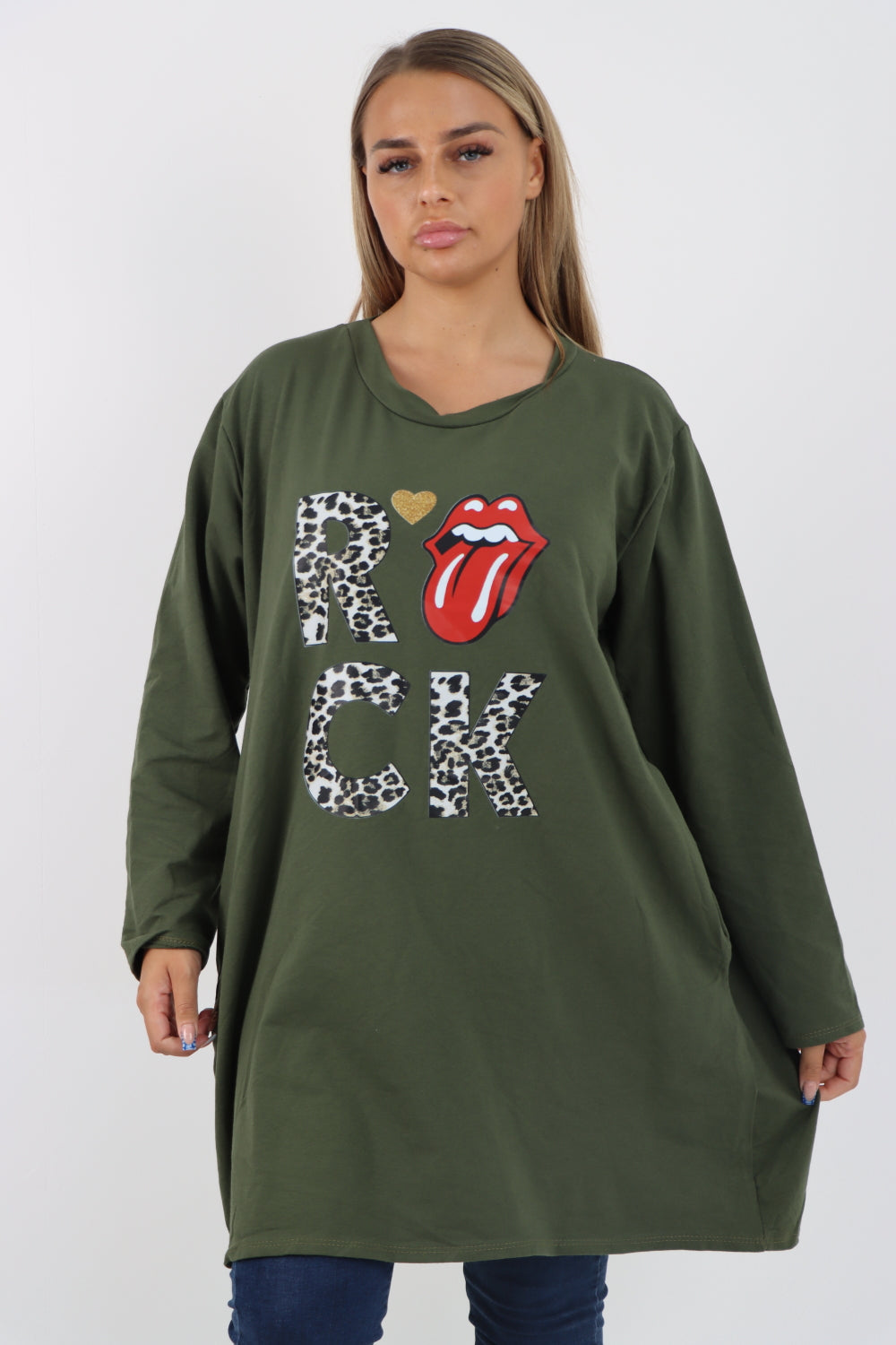 Italian Rock Print Lip Long Sleeve Tunic Top