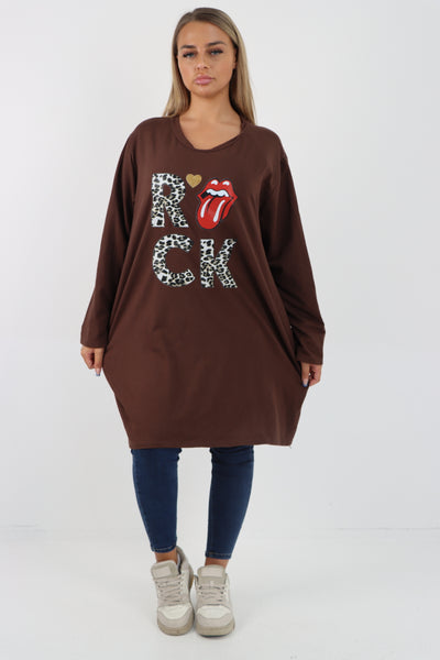 Italian Rock Print Lip Long Sleeve Tunic Top