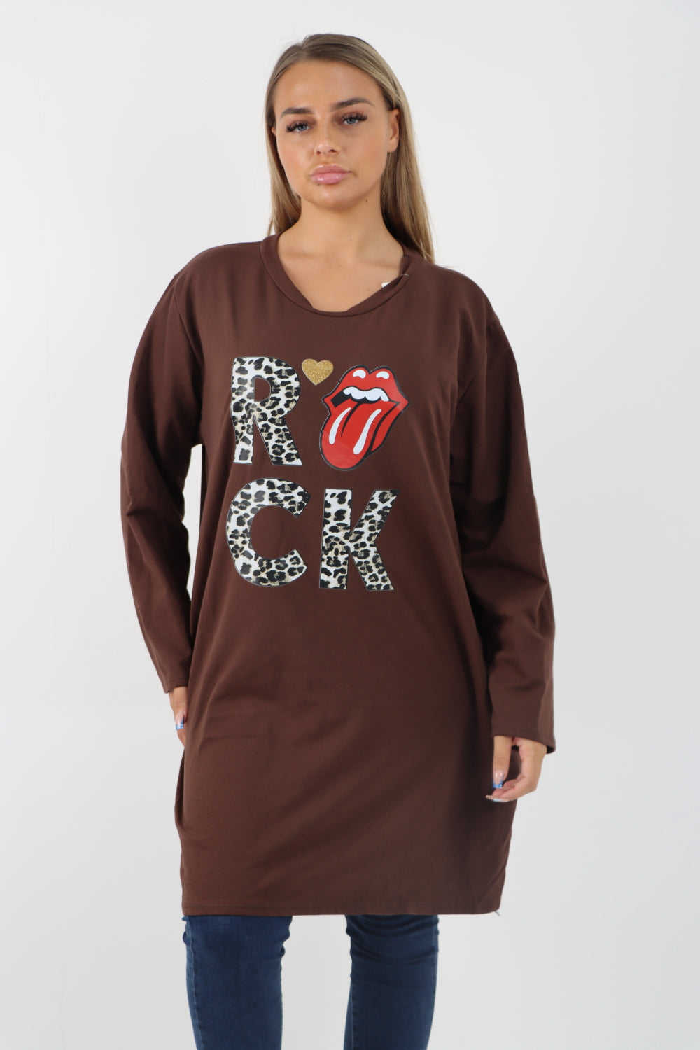 Italian Rock Print Lip Long Sleeve Tunic Top