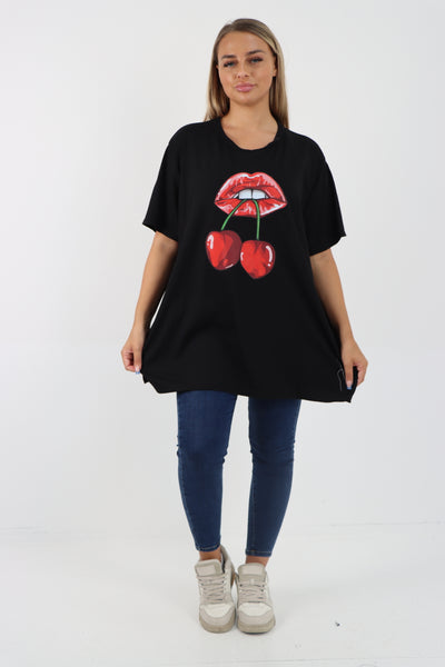 Italian Cherry Lip Print  Short Sleeve Tunic Top