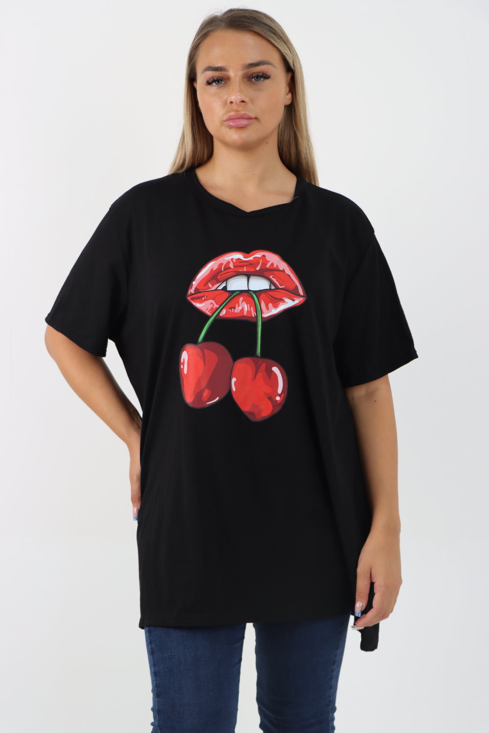 Italian Cherry Lip Print  Short Sleeve Tunic Top