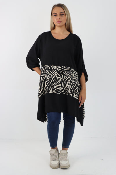 Italian Animal Print Panel Turn Up Sleeve Tunic Top