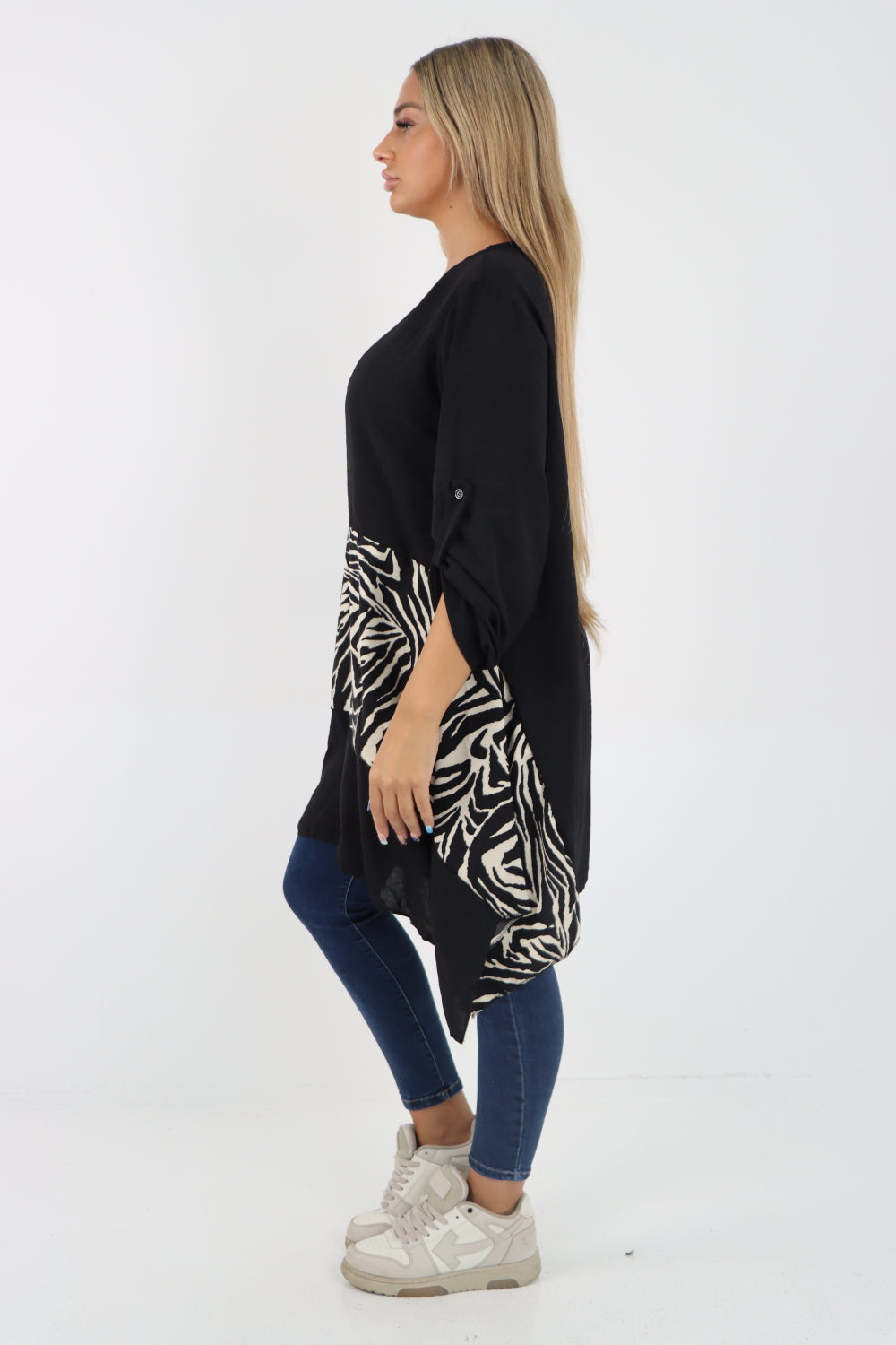 Italian Animal Print Panel Turn Up Sleeve Tunic Top