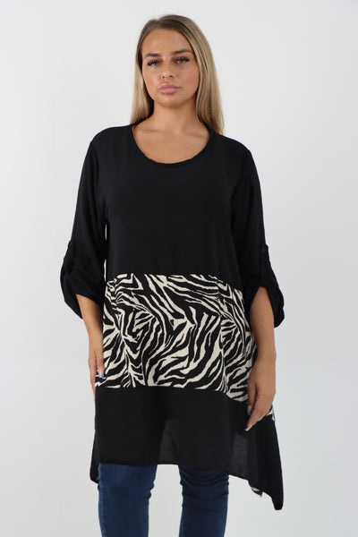 Italian Animal Print Panel Turn Up Sleeve Tunic Top