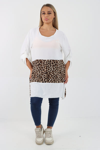 Italian Animal Print Panel Turn Up Sleeve Tunic Top