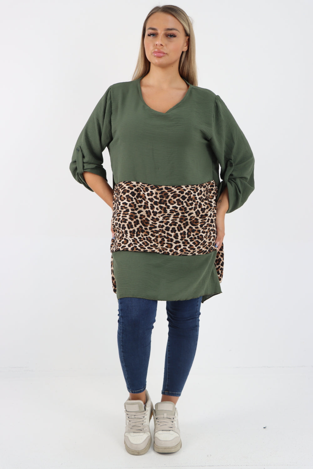 Italian Animal Print Panel Turn Up Sleeve Tunic Top