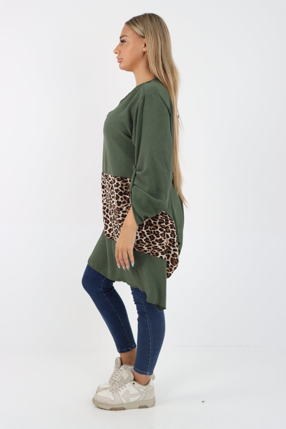 Italian Animal Print Panel Turn Up Sleeve Tunic Top