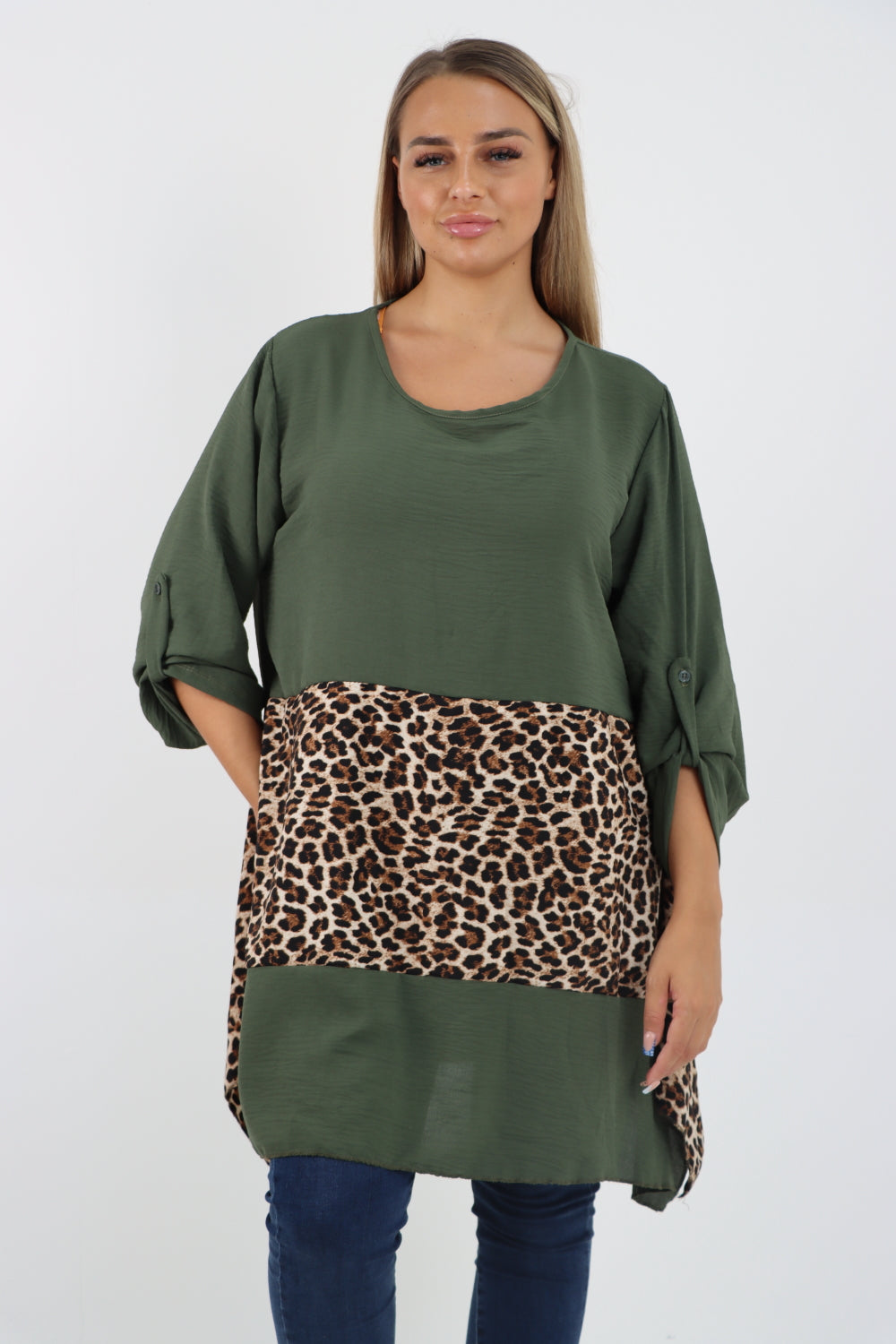 Italian Animal Print Panel Turn Up Sleeve Tunic Top