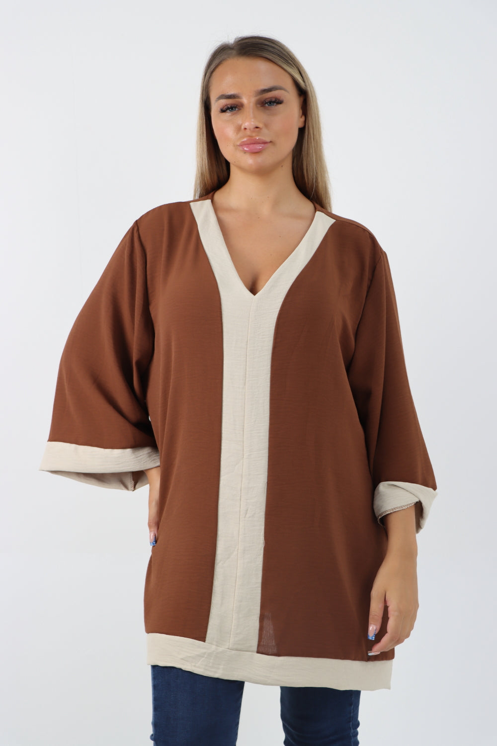 Italian 2 Tone Panel V Neck Tunic Top