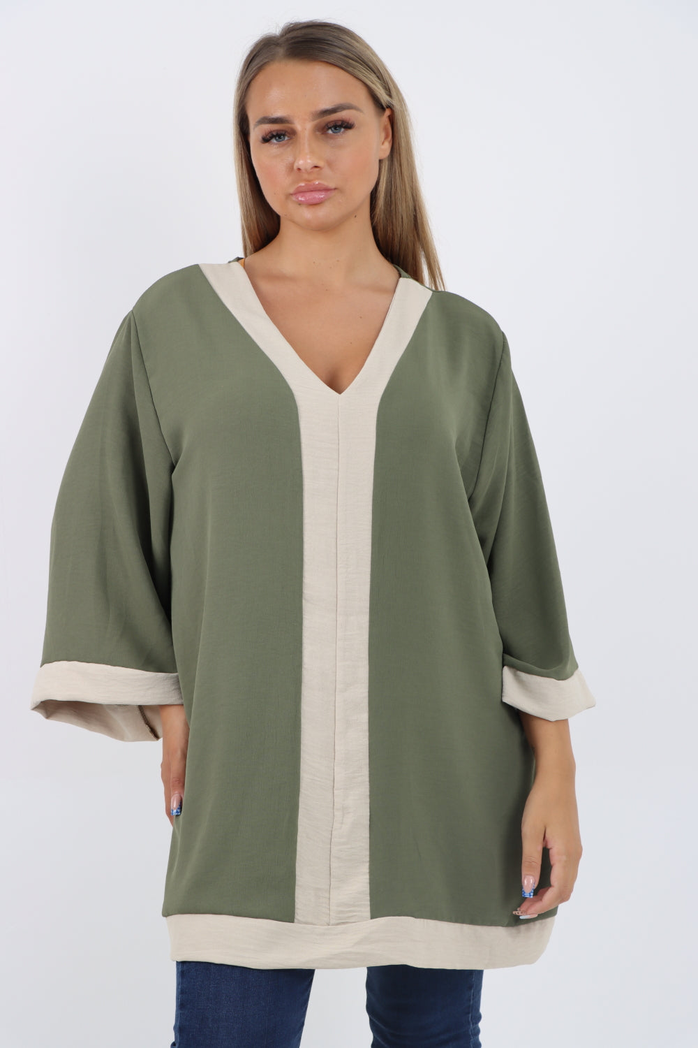 Italian 2 Tone Panel V Neck Tunic Top