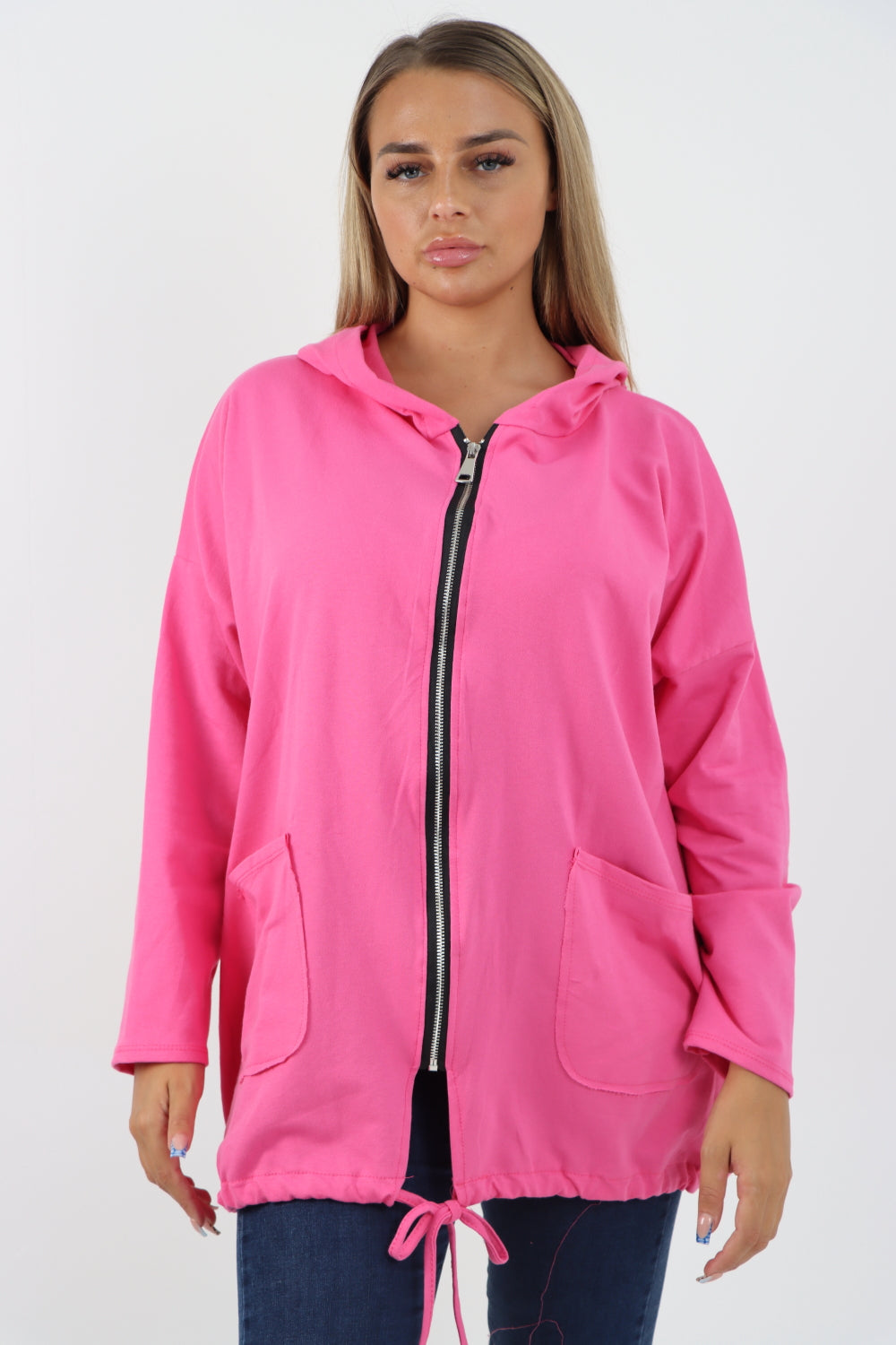 Italian Longline Zip Front Pockets Hooded Top